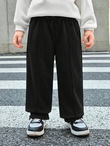 SHEIN Bubblio 兒童小男孩純色抽繩腰寬腿寬鬆休閒運動長褲 - 黑色 - 查看 5