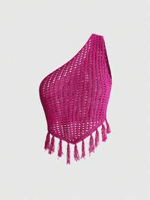 ROMWE Avant Casual Vacation Sexy Pastal Hollow Out Tassel Hem Knit Top Golf Summer - Hot Pink - View 1