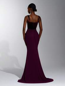 Elitara Elegantes minimalistisches Mode-Abendkleid für Damen in Dunkellila, elastisches Mesh, Neckholder, Samt, figurbetont, plissiert, lang, formell - Bordeaux - Übersicht 5