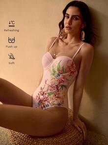 MOTF PREMIUM EXQUISITO TRAJE DE BAÑO DE UNA PIEZA CON ESTAMPADO FLORAL PARA MUJER PARA VACACIONES EN LA PLAYA - Rosa Pálido - Ver 7