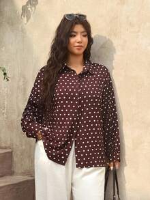 SHEIN Frenchy Plus Size Shirt, Plus Size Autumn Shirt, Plus Size Long Sleeve Polka Dot Shirt, Brown Polka Dot Shirt, Brown Top, Loose Casual Shirt, Plus Size Autumn/Winter Clothing - Brown - View 7