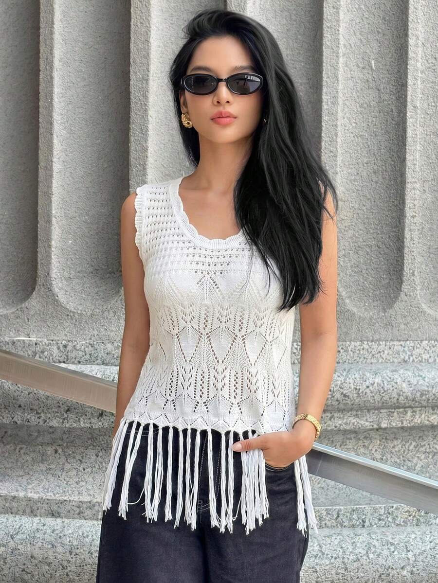 Yunfilé Women's Summer Casual Boho Holiday Style Tassel Hem Hollow Out Knit Vest Vacation White - White - View 1