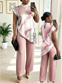 SHEIN Lady CURVE 大尺碼女款紮染立領不對稱下擺上衣與長褲兩件套 - 彩色 - 查看 1