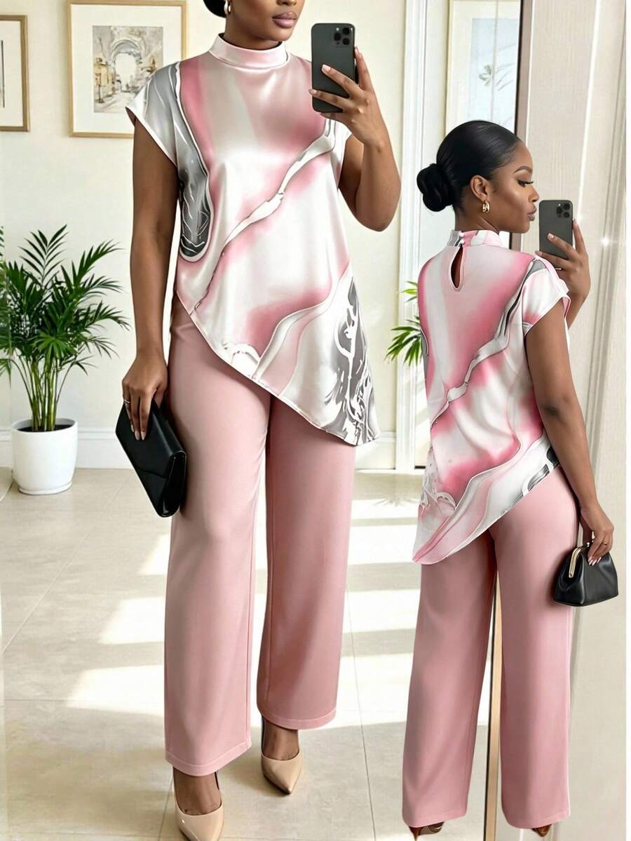 SHEIN Lady CURVE 大尺碼女款紮染立領不對稱下擺上衣與長褲兩件套 - 彩色 - 查看 1