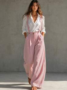 Solivie Women's Textured Sweet Button Pocket Pleated Suspender Pants Fashion - Pink - View 9