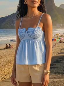 CAJUNI Women's Vacation Casual Tropical Fashion Embroidered Shell Camisole Tank Top Beach Light Blue Summer - Blue - View 6