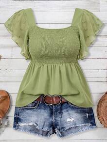 EMERY ROSE Women's Plus Size Square Neck Flutter Sleeve Casual Blouse - Army Green - View 1