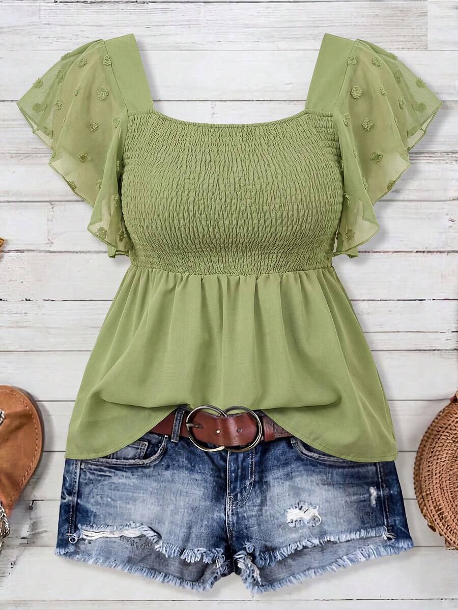 EMERY ROSE Women's Plus Size Square Neck Flutter Sleeve Casual Blouse - Army Green - View 1