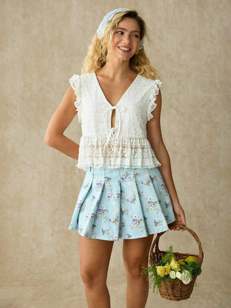 WESTFADE Pleated A Line Floral Print Denim Mini Skirt, Back To School ...