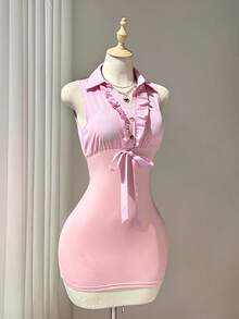 Elamini Vestido ajustado para mujer estilo sexy y puro deseo, primavera/verano, con camisola sin mangas, volantes plisados, lazo con nudo, tejido de punto y patchwork de tela tejida a rayas rosas - Rosa - Ver 4