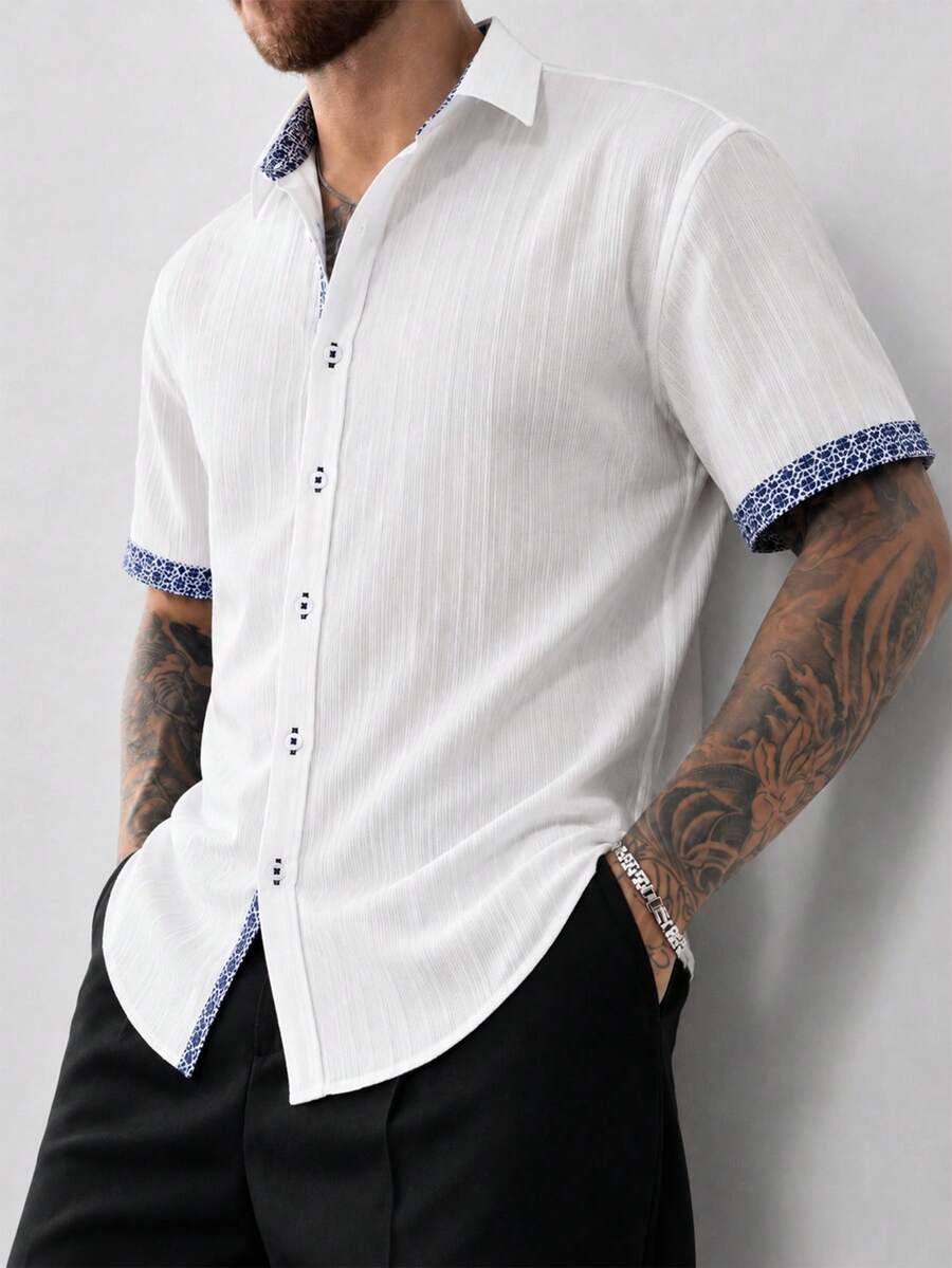 Manfinity Bizformal Men's Business Casual Light Color Patchwork Short Sleeve Shirt - White - View 1