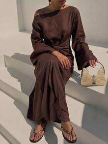 Zivah Women's Solid Color One Shoulder Waist Knot Casual Elegant Party Dinner Vacation Travel Long Dress Brown Autumn - Brown - View 6