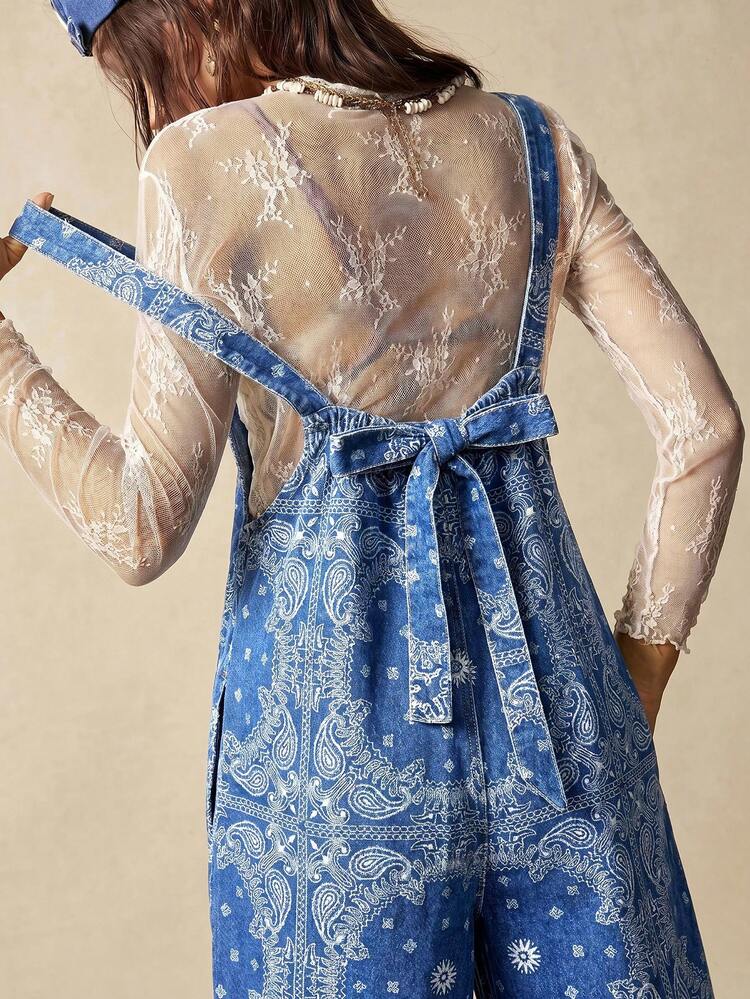 Bohemela Mono de peto vaquero holgado casual con estampado de anacardos para mujer para vacaciones - Azul lavado medio - Añade 2