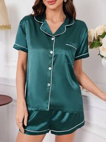 Satin Collar Casual Pajama Set For Women - Green - View 5