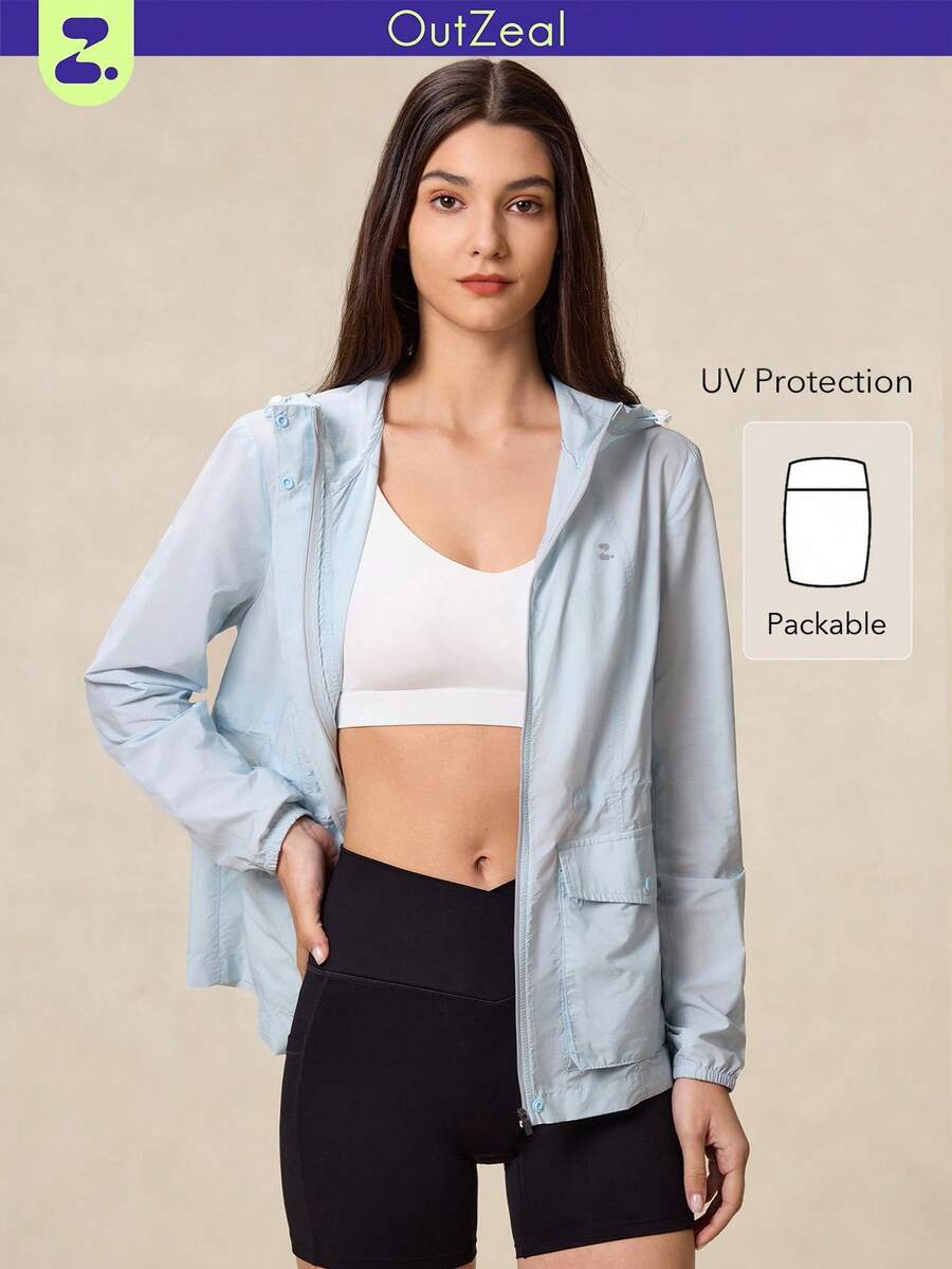 OutZeal Women Sports Jacket Gym Workout Lightweight Packable Hooded Outdoor Jacket Summer - Blue - View 1