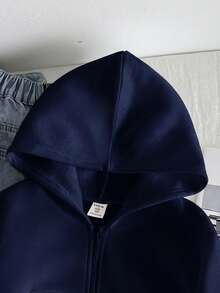 SHEIN 青少年女孩寬鬆休閒極簡舒適日常街頭風連帽修身口袋拉鍊短款長袖運動外套 海軍藍 返校穿搭 - 藏蓝色 - 查看 3