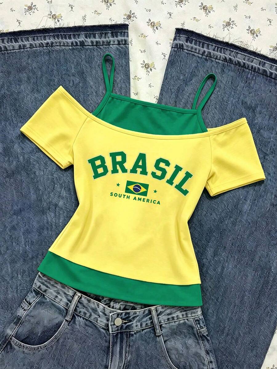 Spring Summer Autumn Tween Girls' Brazil Five-Pointed Star Light Yellow Striped Letter Slogan Pattern Casual Streetwear Y2k 2 In 1 T-Shirt Tops School - Multicolor - View 1