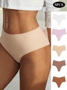SHEIN 5pcs/Pack Women's Seamless Solid Color Mid-Waist Thong Panties - Multicolor - View 3