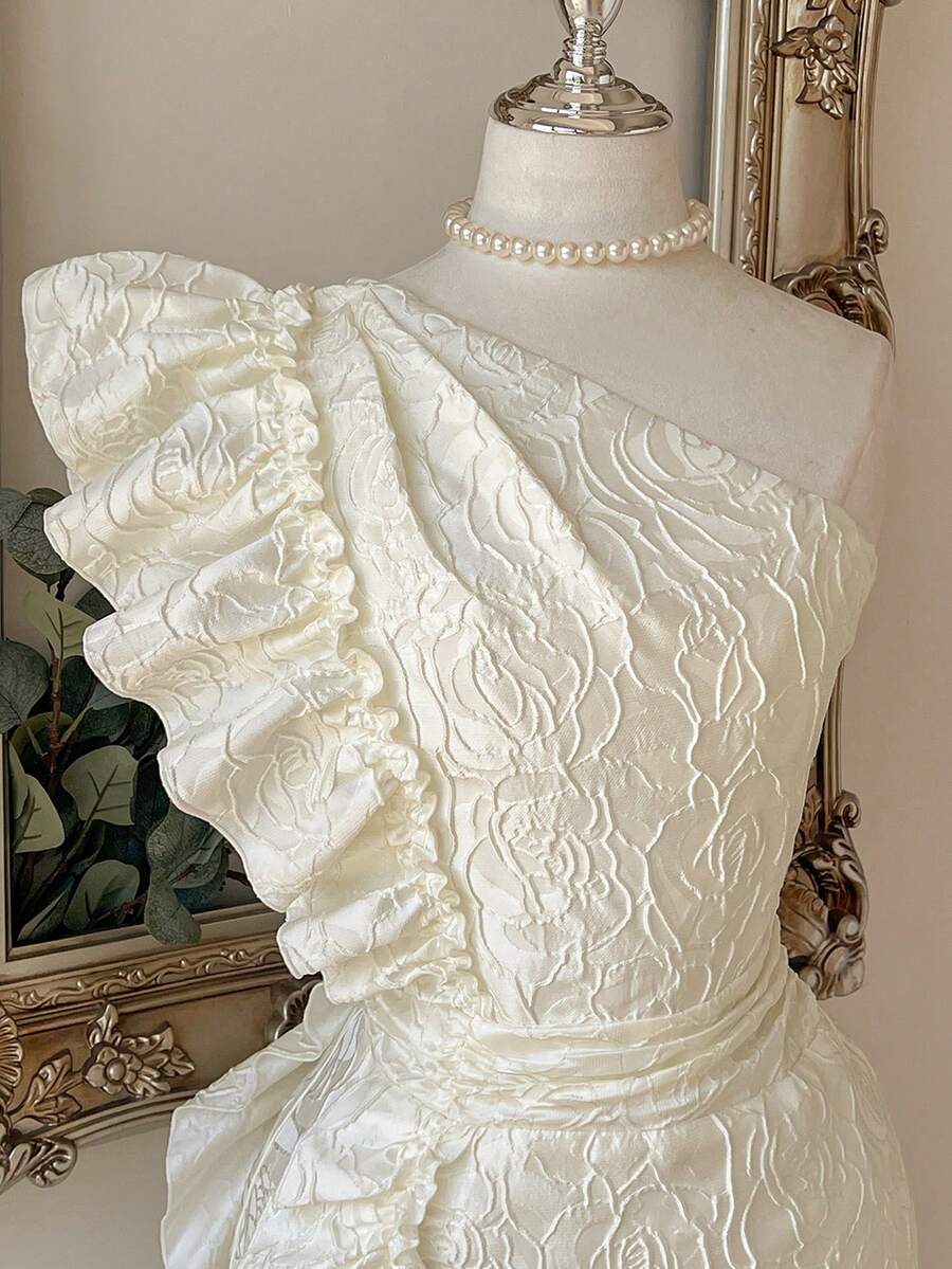Lovelzi Elegant Jacquard Satin Asymmetric Neckline Boning Ruffled Paneling Mini Dress For Graduation Wedding Birthday Party Formal Occasion - White - View 1