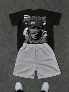 Manfinity EMRG Men's Letter & Character Print Short Sleeve T-Shirt And Drawstring Waist Shorts Casual Set - Multicolor - View 5