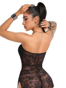 AltBold 1pc Lace Patchwork Bodysuit - Black - View 2