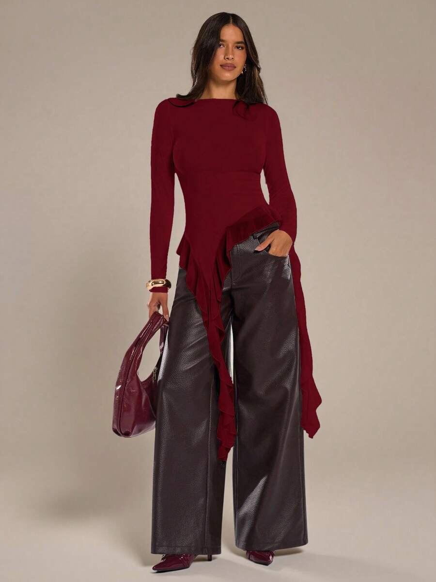 SHEIN BAE 女款純色圓領長袖不對稱下擺時尚上衣 - 酒紅色 - 查看 1