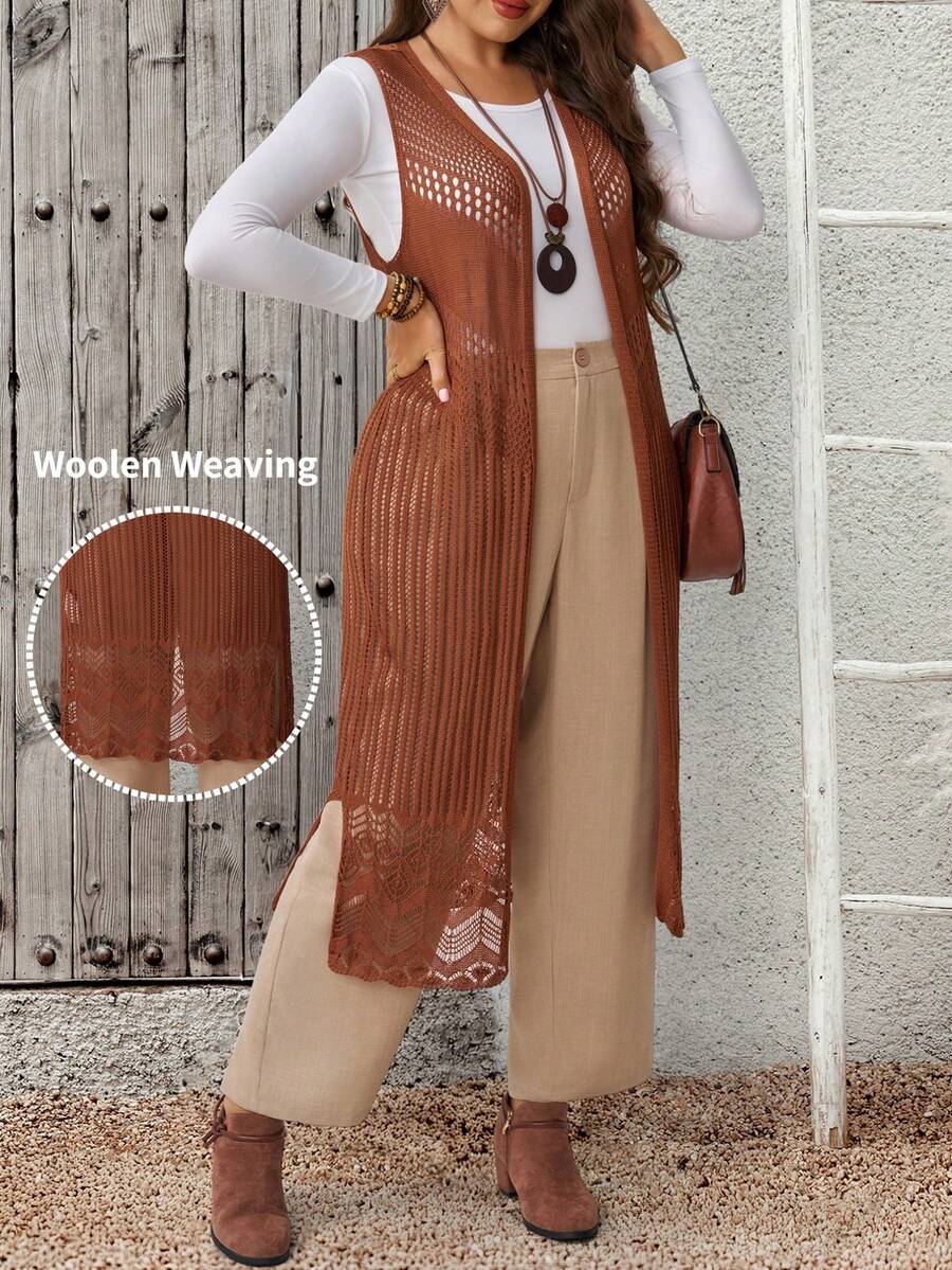 EMERY ROSE Plus Size Women's Solid Color Hollow Design Long Sleeveless Thin Cardigan For Vacation - Coffee Brown - View 1