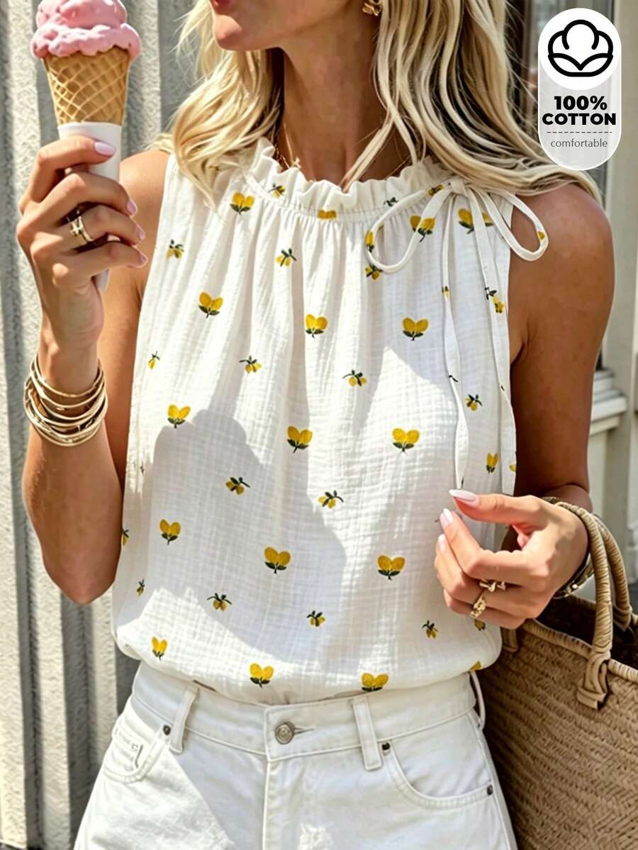 SHEIN PariChic Women's Spring/Summer Floral Print Fresh Fashion Drawstring Stand Collar Sleeveless Top - White - View 1