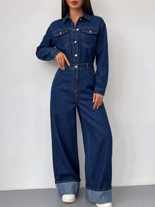 SHEIN EZwear 女款時尚通勤牛仔連身褲 秋季優雅街頭風休閒 Y2K 時尚基礎款 適合節慶返校外出旅行 海軍藍 - 藍色 - 查看 4