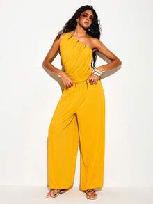 Femmeiva Summer Asymmetric Shoulder Ruched Tropical Sexy Tank Top Neck Strap Slim Fit Elastic Knit Beach Vacation Mustard Yellow - Yellow - View 3