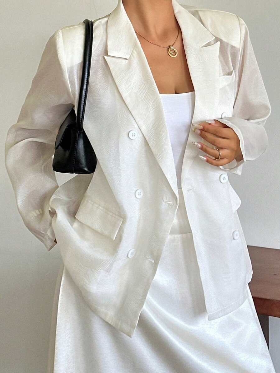 Dazy Plus Solid Color Casual Padded Shoulder Notch Lapel Loose Fit Plus Size Women's Long Sleeve Allover White Blazer Western Outfits Autumn Formal - Apricot - View 1