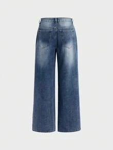 SWAVVY Celana Jeans Denim Kasual Pria Model Lebar dengan Desain Gesper Pesawat dan Saku - Biru - View 3