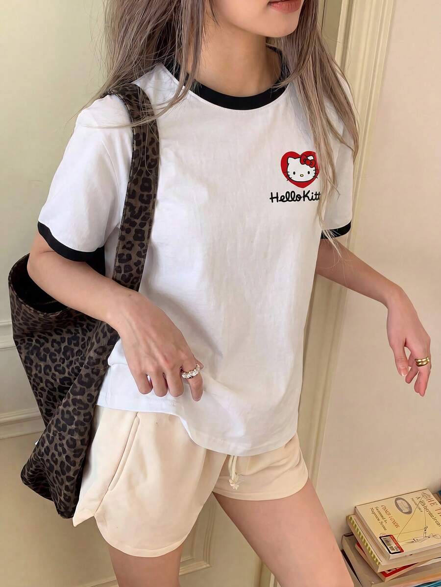 CovetEZ HELLO KITTY AND FRIENDS | SHEIN 休閒極簡印花圓領短袖寬鬆女款T恤 - 彩色 - 查看 1