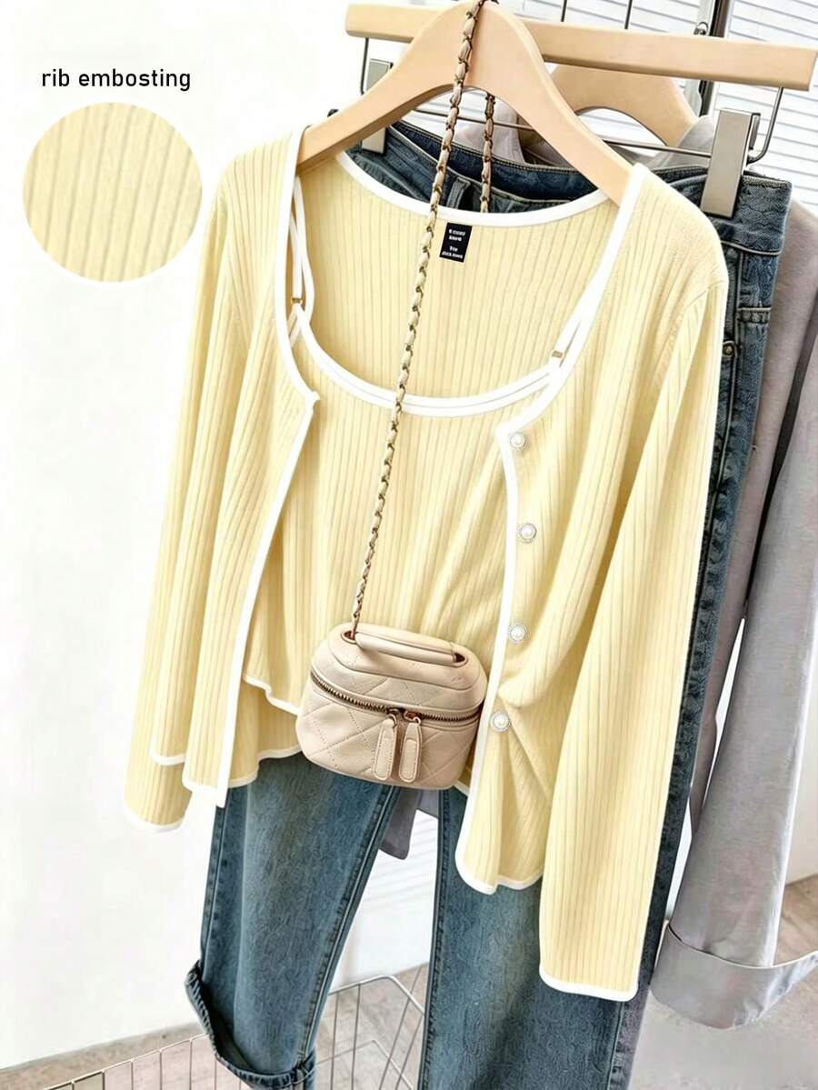 GlowEve CURVE Plus Size Women 2pcs Set: Long Sleeve Single-Breasted Cardigan And Camisole, Casual Fall - Light Yellow - View 1