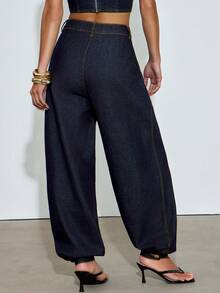 Hauture Pantalones largos de mezclilla con puños abullonados plisados, estilo sexy y casual para mujer - Azul - Ver 4