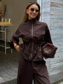 Dazy Tall Women's Open Front Jacket And Loose Pants Street Casual 2 Pieces Set Fall - Coffee Brown - View 6