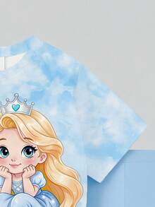 SHEIN 1套女童休閒舒適時尚甜美可愛公主風紮染印花圓領短袖T恤與內搭褲套裝，適合外出、生日、假日、校園穿著 - 彩色 - 查看 6