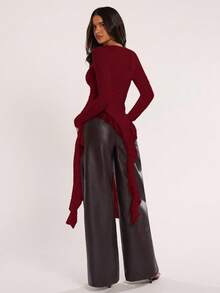 SHEIN BAE 女款純色圓領長袖不對稱下擺時尚上衣 - 酒紅色 - 查看 2