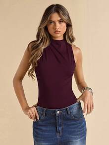 SHEIN BAE Spring/Summer Solid Black Backless Sexy Cutout Asymmetric Shoulder Ruched Elegant Sleeveless Bodysuit For Women, Summer Bodysuit - Maroon - View 5