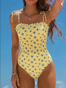 SHEIN Swim Đồ bơi một mảnh nữ dây áo spaghetti họa tiết hoa nhiệt đới ngẫu nhiên toàn thân màu vàng dễ thương cho bé gái, du lịch biển mùa xuân/hè - Nhiều màu - Xem 1