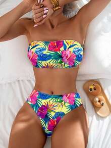 Swim Lushoire 女款 2 件式花卉印花抹胸比基尼泳衣套裝，度假海灘黃色夏季熱帶風 - 彩色 - 查看 4