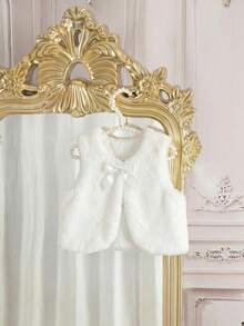SHEIN 女嬰可愛百搭休閒白色毛絨蝴蝶結背心外套 秋冬婚禮款 - 米色 - 查看 4