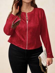 SHEIN Clasi Red Suede Plus Size Women's Jacket , Elegant Daily Commute Business Fall - Burgundy - View 6
