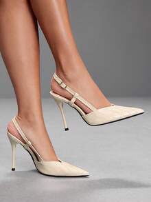 CUCCOO SZL Stone Pattern Pointed T-Shaped Stiletto Shoes, Metal Buckle, Workplace Commuting Slim High Heels - Apricot - View 5