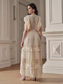 Anewsta Vestido de mujer con cuello de pie, encaje, volantes en la cintura y capas de color marfil - Beis - Ver 2