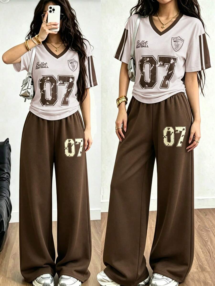 SHEIN 青少年女孩夏季休閒數位印花T恤與長褲2件組 - 彩色 - 查看 1