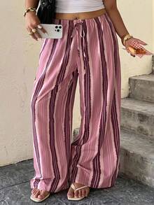 Muchica Plus Size Striped Print Twist Front Wide Leg Pants For Women Fall - Pink - View 1