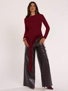 SHEIN BAE 女款純色圓領長袖不對稱下擺時尚上衣 - 酒紅色 - 查看 4