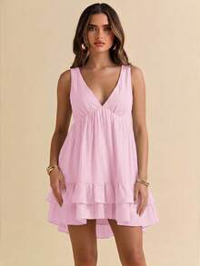 Gossip Girl X SHEIN SHEIN BAE 女款純色V領荷葉邊下擺休閒無袖洋裝 - 淺粉色 - 查看 6