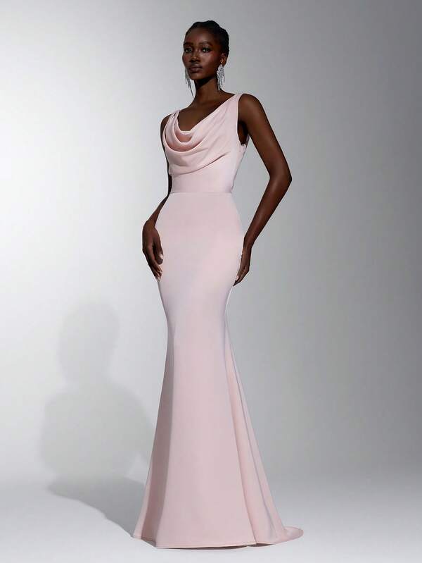 Elitara Elegant Luxurious Baby Pink Cowl Neck Deep Back Lace Patchwork Mermaid Floor Length Formal Bridesmaid Dress Wedding Evening Party Birthday Spring